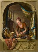 A young woman cleaning pans at a draped stone arch., unknow artist